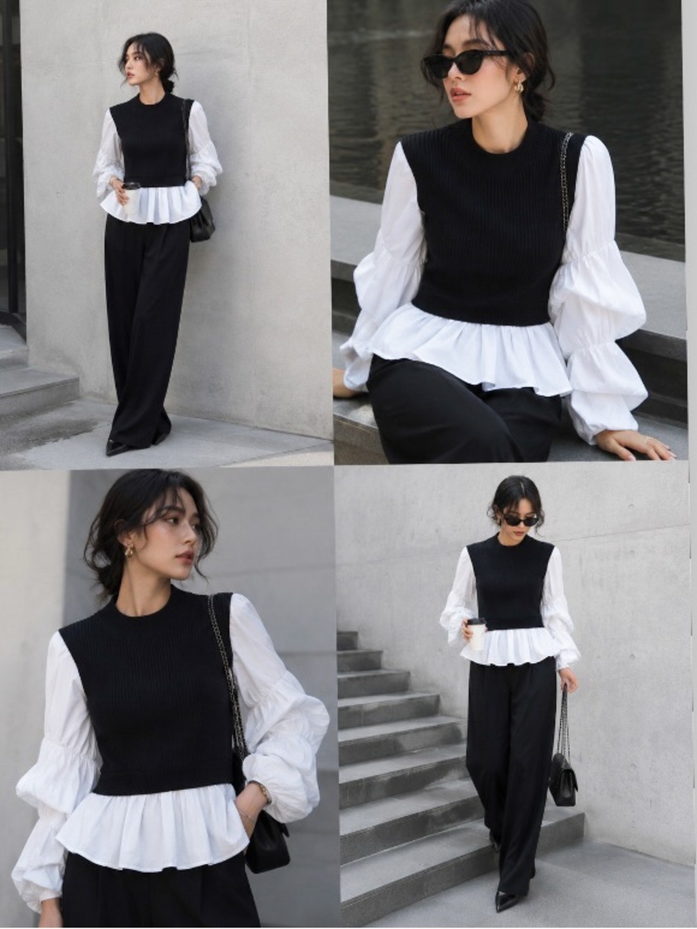 English Factory Combo Ribbed Knit Puff Sleeve Peplum Top Size M Black White - Picture 5 of 11